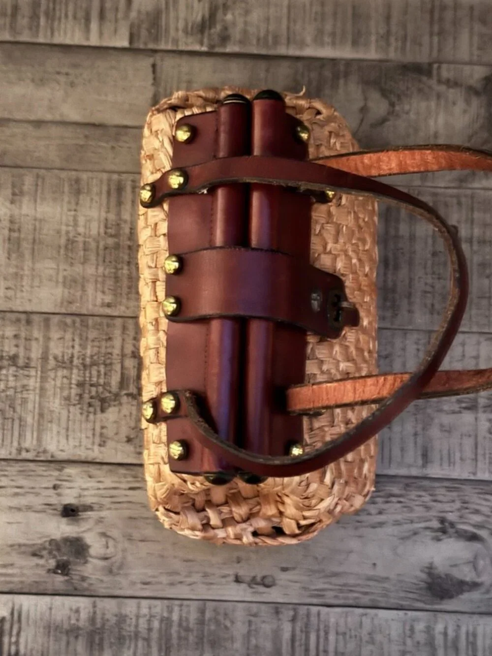 John Romain, Vintage 1960s Woven Straw & Leather Top Handle Handbag - Picture 7 of 11